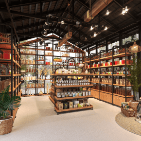 Interior of a shop with cosmetic products on shelves.