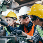 Three employees wearing hard hats in an industrial setting look towards a machine. The man in the middle points to the machine, explaining something to the others.